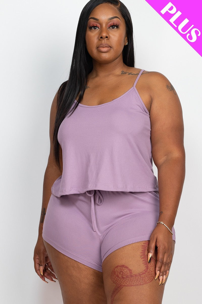 Plus Ribbed Strappy Top And Shorts Set in Orchid