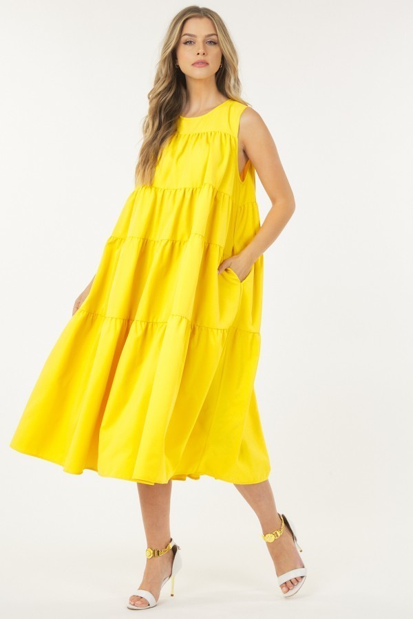 Women Sleeveless Basic Stretch Poplin Dress With Layers in Yellow