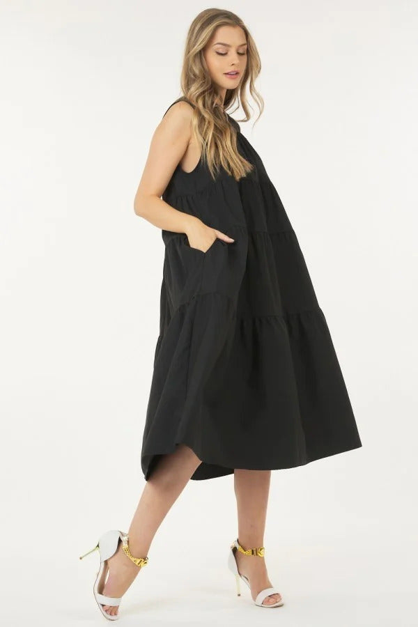 Women Sleeveless Basic Stretch Poplin Dress With Layers in Black