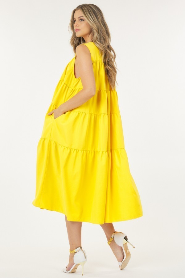 Women Sleeveless Basic Stretch Poplin Dress With Layers in Yellow