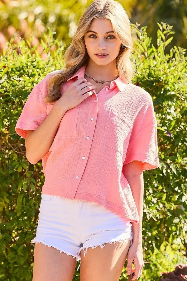 Collar Neck Button Down Front Pockets Solid Cotton Gauze Top in Coral