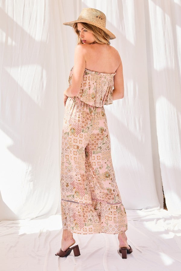 Tube Top With Tier Ruffle Waist Elastic Bottom Lace Trim Jumpsuit Blush