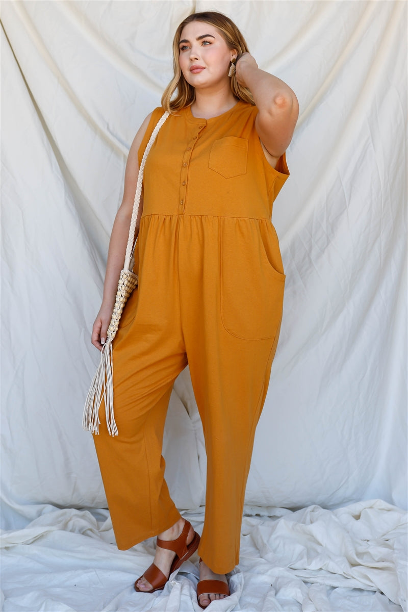 Plus Cotton Front Button Up Detail Sleeveless Jumpsuit in Mustard