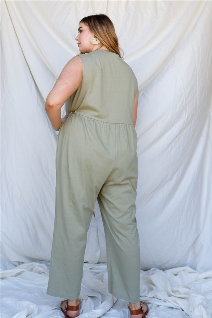 Plus Cotton Front Button Up Detail Sleeveless Jumpsuit in Olive