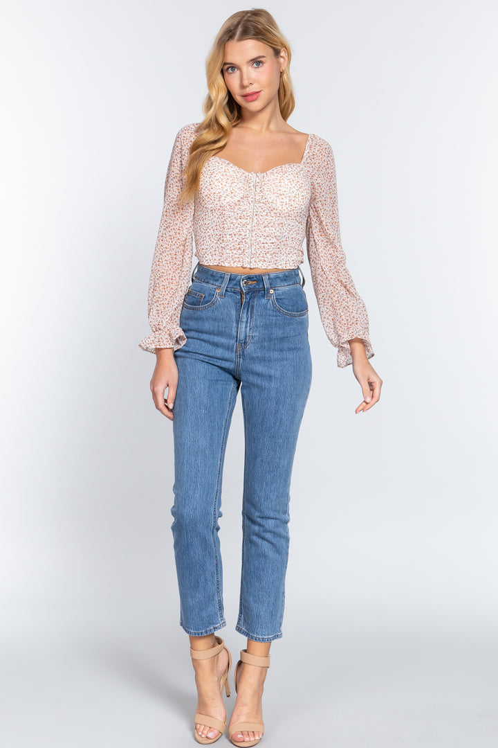 Hook & Eye Floral Print Woven Top in Ivory