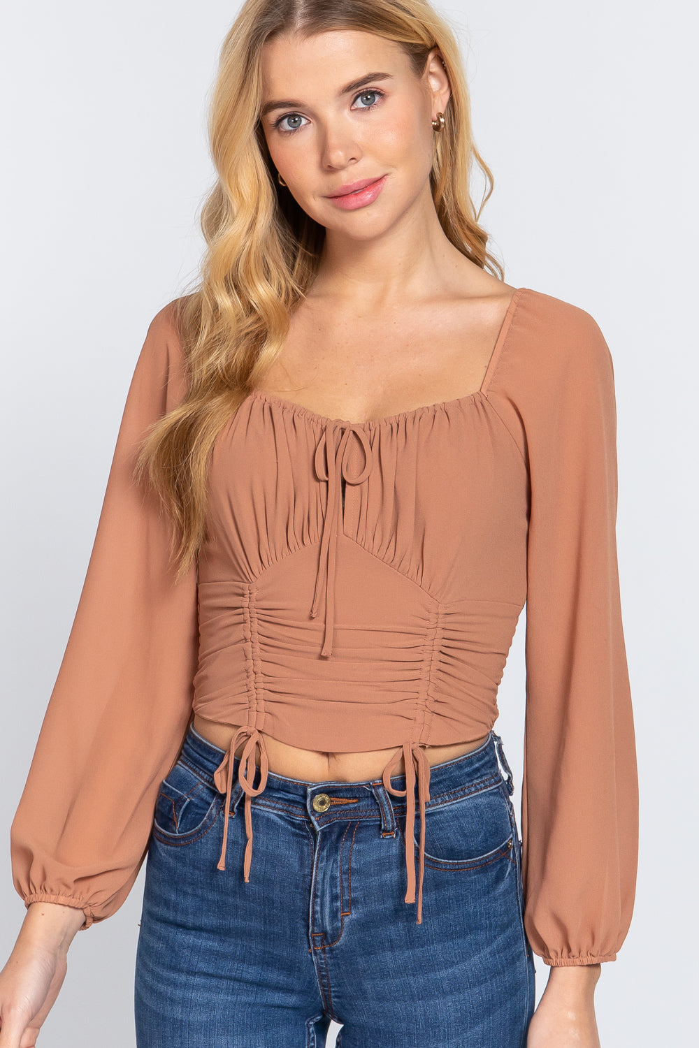 Long Sleeve Front Tied Ruched Detail Woven Top in Rust