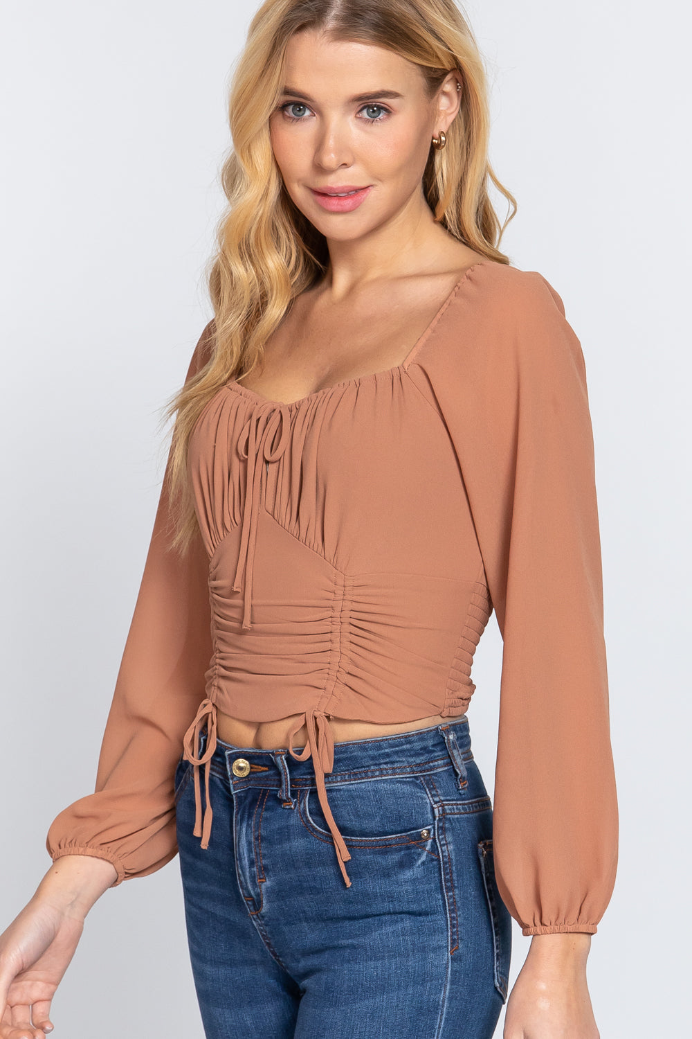 Long Sleeve Front Tied Ruched Detail Woven Top in Rust