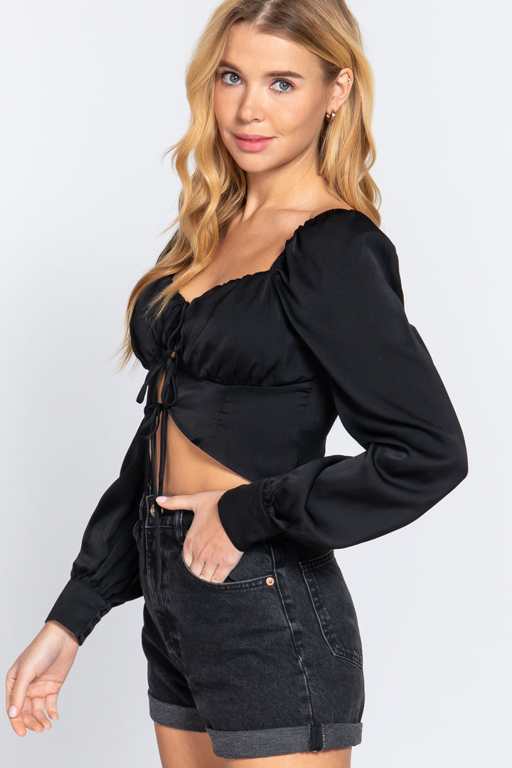 Long Sleeve Sweetheart Neck Front Ribbon Tie Detail Woven Top in Black