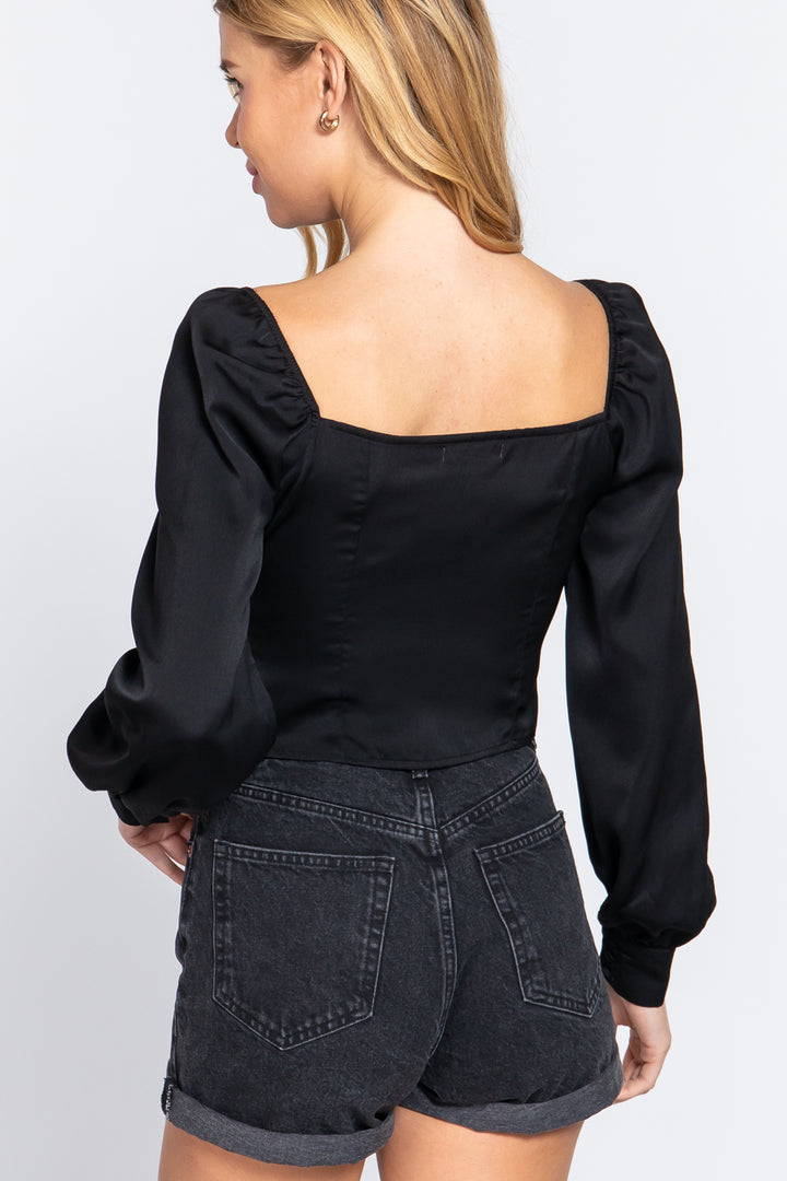 Long Sleeve Sweetheart Neck Front Ribbon Tie Detail Woven Top in Black