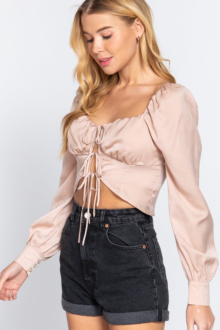 Long Sleeve Sweetheart Neck Front Ribbon Tie Detail Woven Top in Pearl
