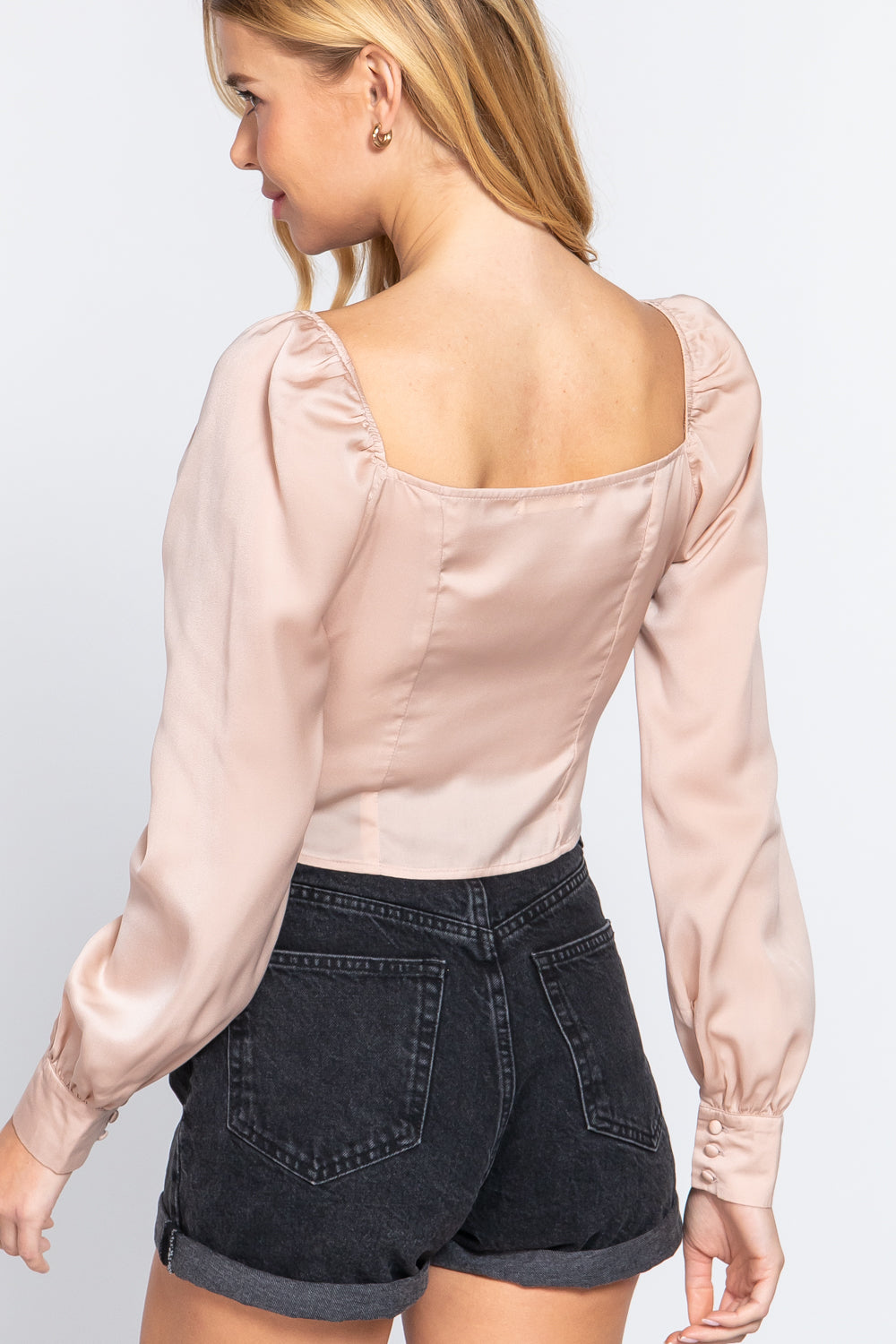 Long Sleeve Sweetheart Neck Front Ribbon Tie Detail Woven Top in Pearl