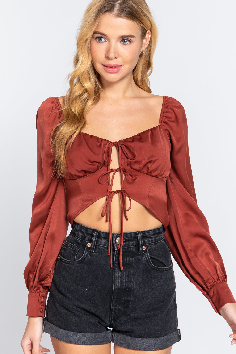 Long Sleeve Sweetheart Neck Front Ribbon Tie Detail Woven Top in Rust