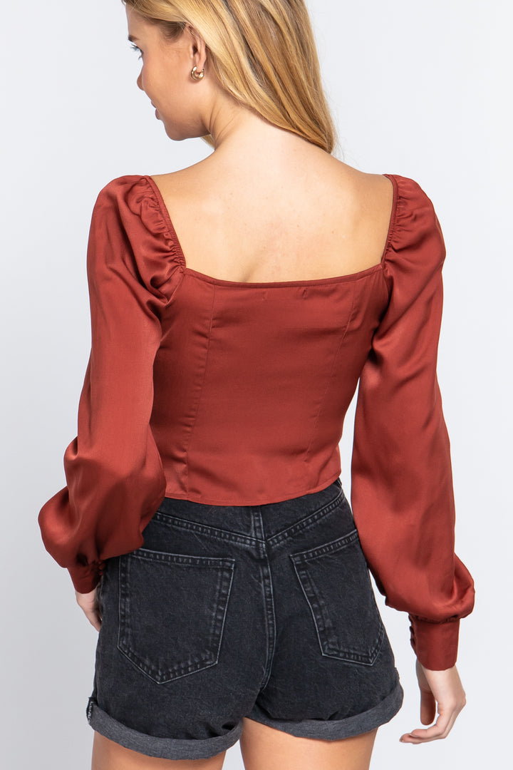 Long Sleeve Sweetheart Neck Front Ribbon Tie Detail Woven Top in Rust