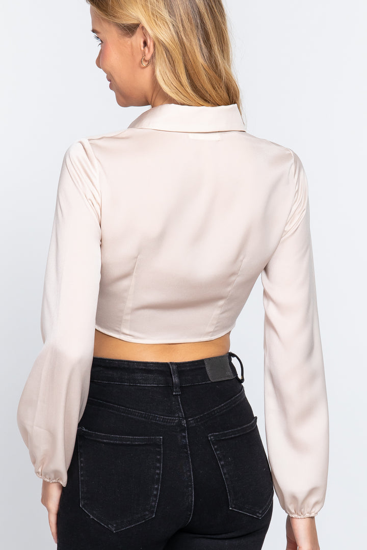 Long Sleeve Notched Collar Front Twisted Detail Crop Woven Top in Champagne