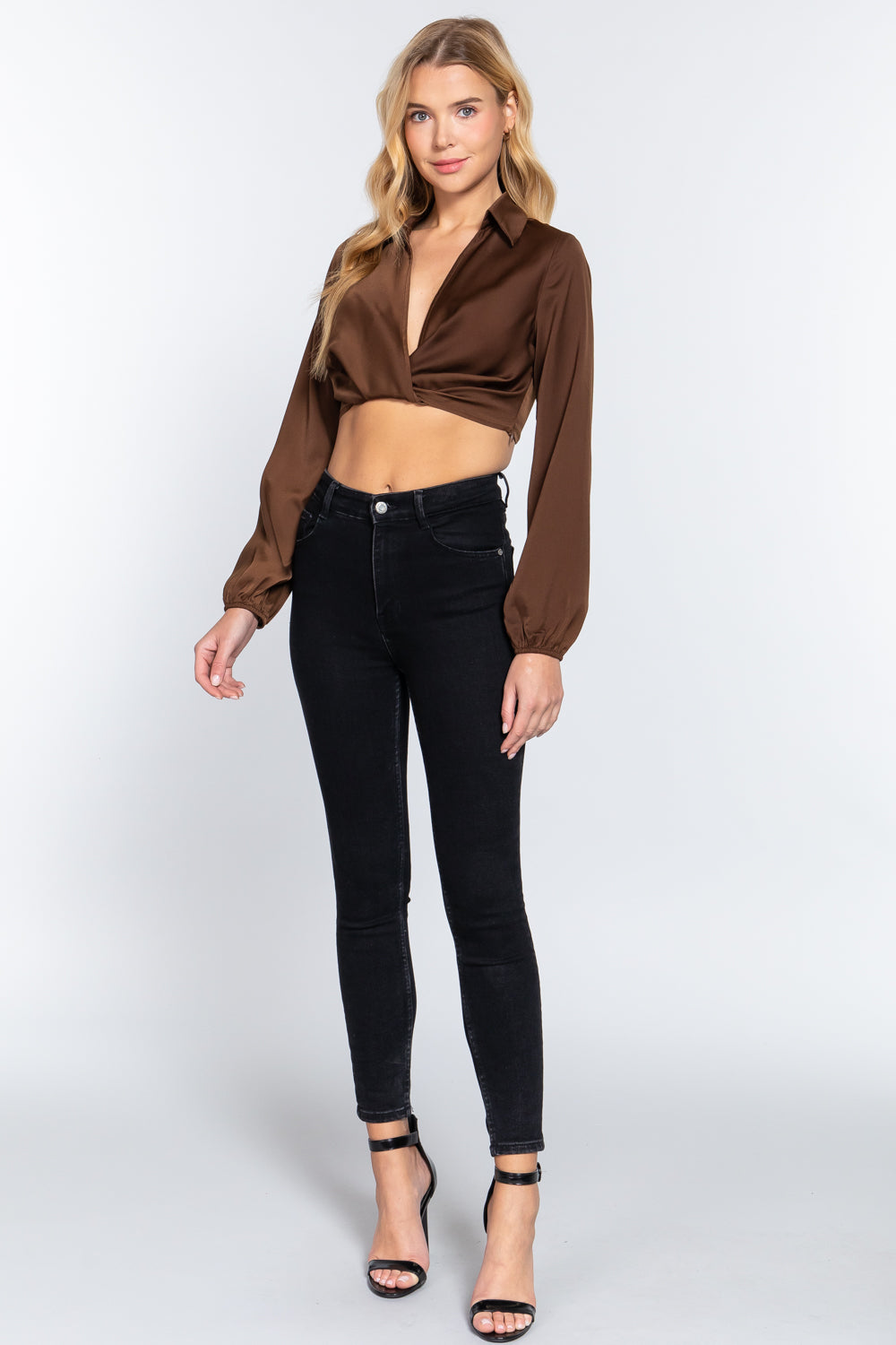 Long Sleeve Notched Collar Front Twisted Detail Crop Woven Top in Silk Brown