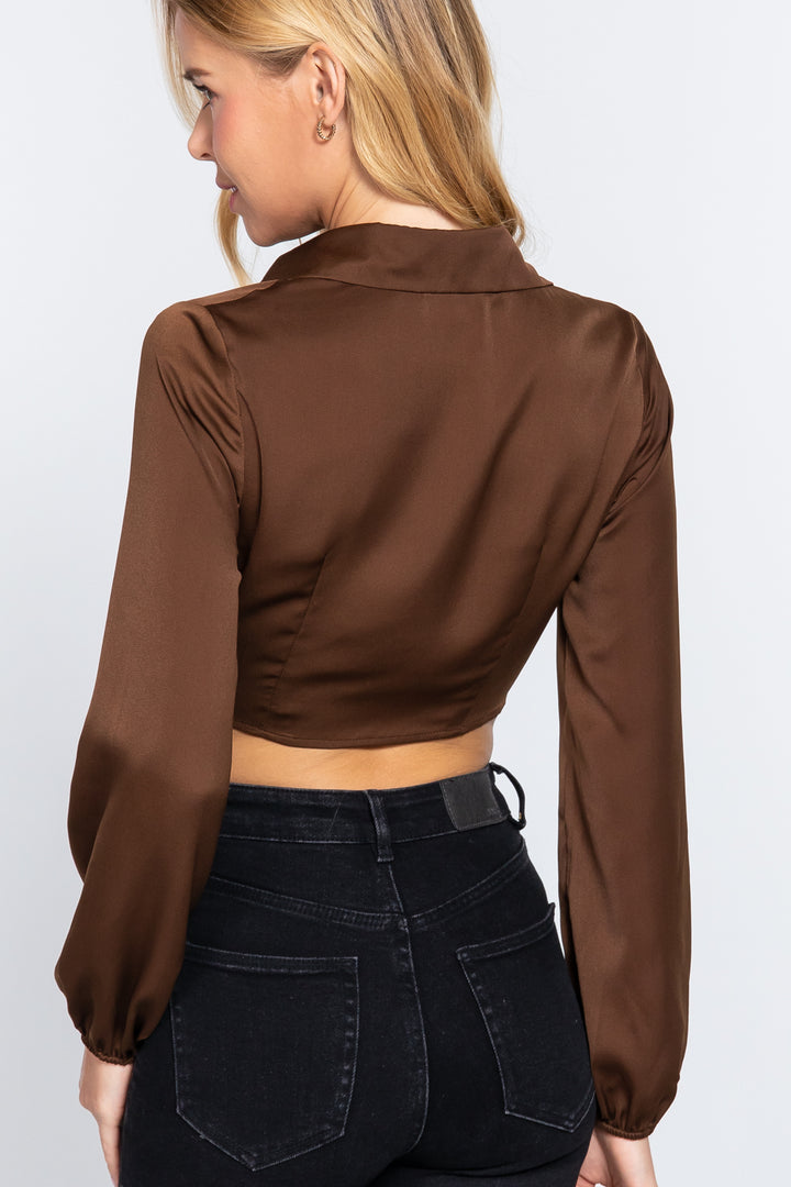 Long Sleeve Notched Collar Front Twisted Detail Crop Woven Top in Silk Brown