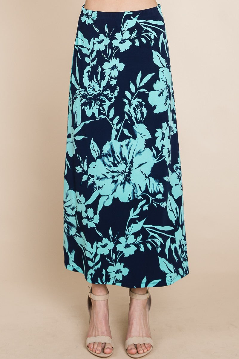 Floral Printed Maxi Skirt With Elastic Waistband Navy/Mint