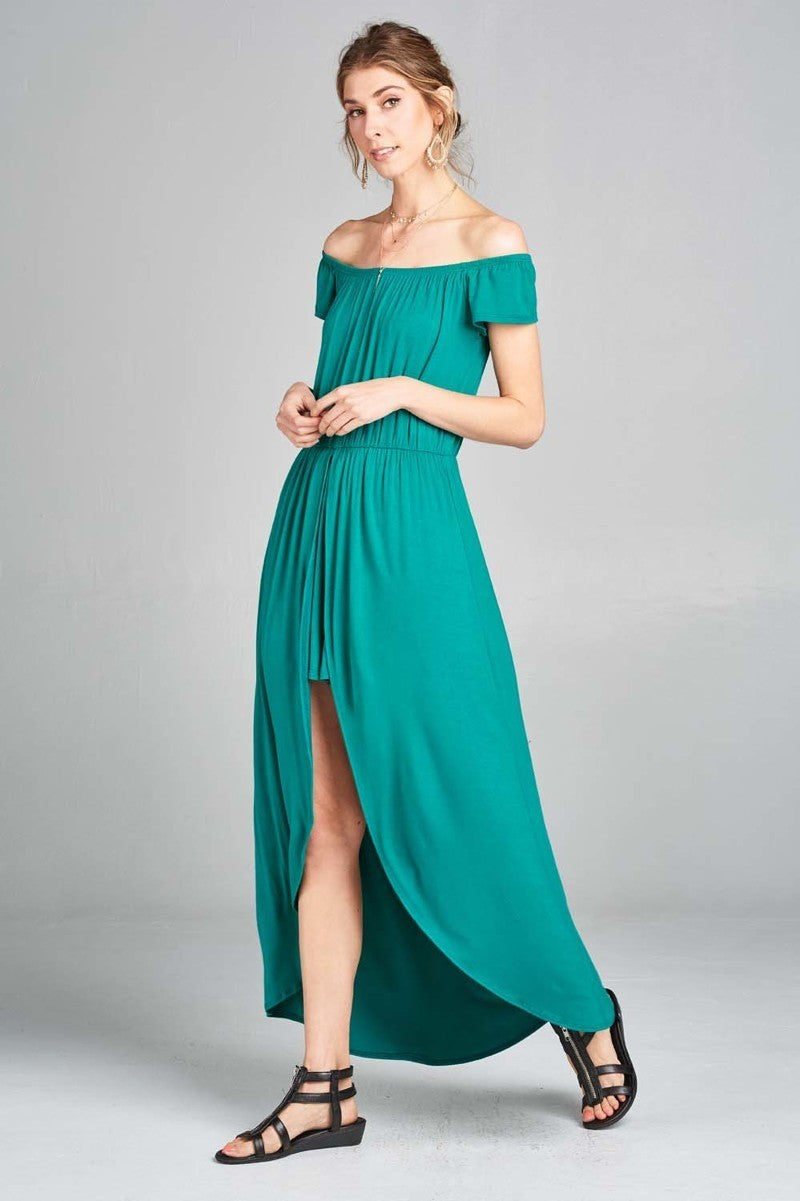 Off Shoulder Solid Jersey Romper Maxi in Emerald Elegant Lioness