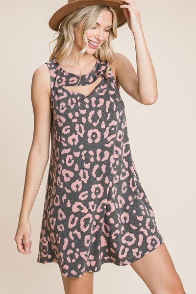 Cute Animal Print Cut Out Neckline Sleeveless Tunic Dress in Black