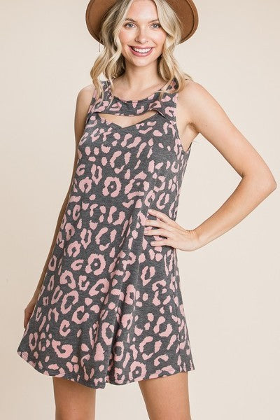 Cute Animal Print Cut Out Neckline Sleeveless Tunic Dress in Black