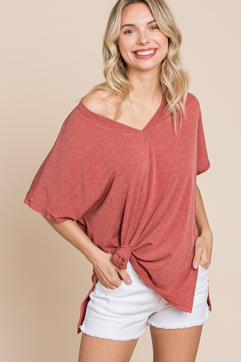 Solid V Neck Casual And Basic Top With Short Dolman Sleeves And Side Slit Hem in Marsala