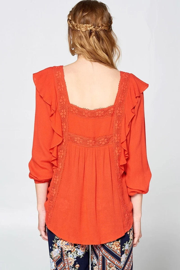 Solid Loose-fit Gauze Peasant Blouse Tomato Red