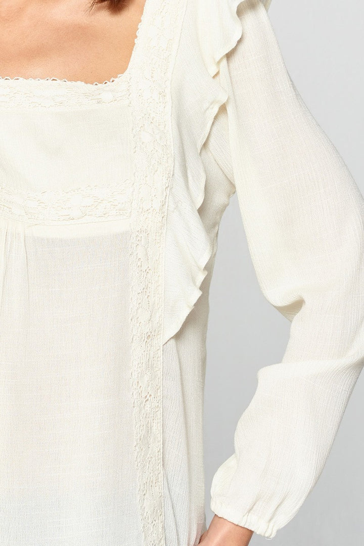 Solid Loose-fit Gauze Peasant Blouse Off White
