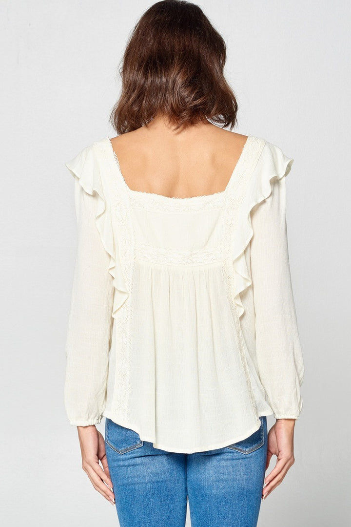 Solid Loose-fit Gauze Peasant Blouse Off White