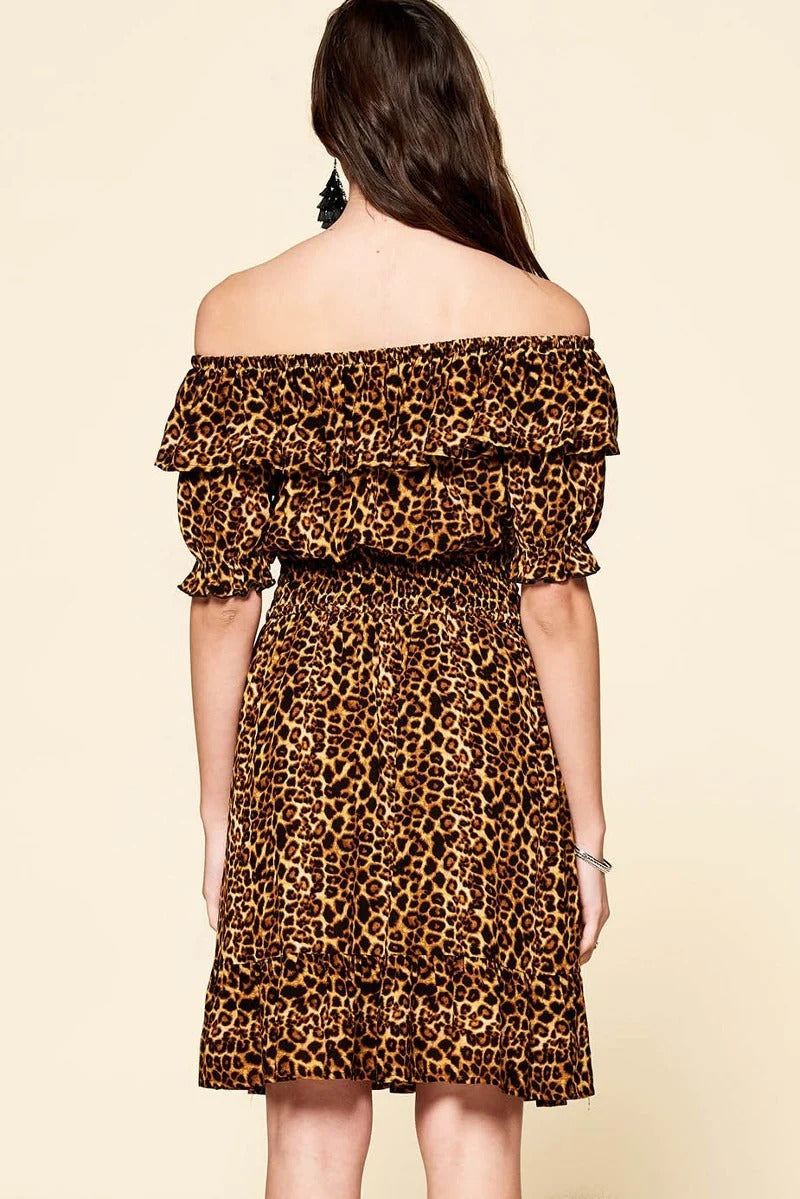 Leopard Printed Woven Dress in Brown