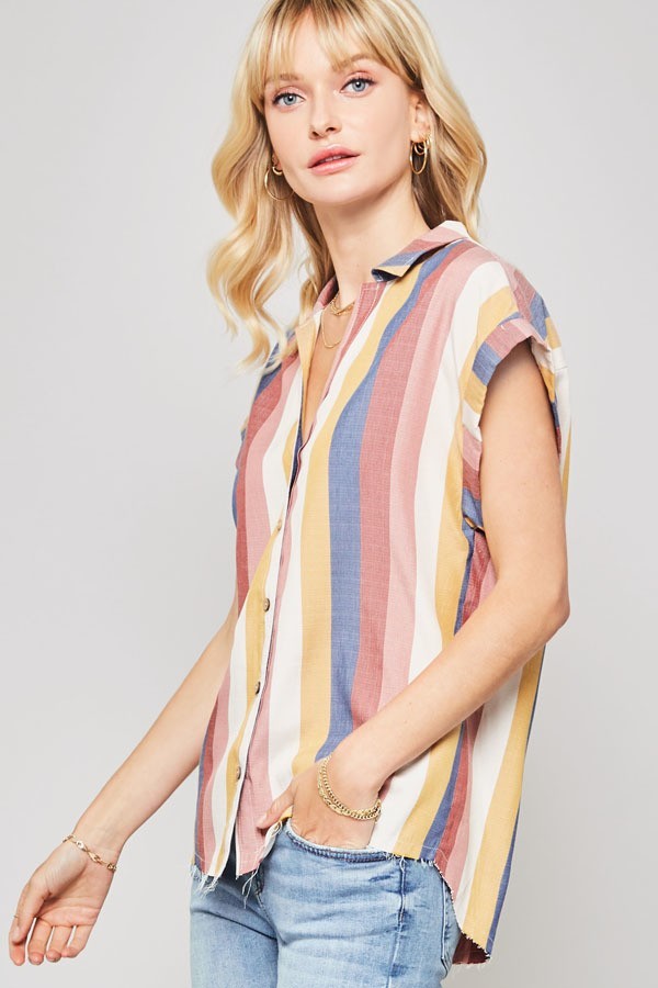 A Woven Shirt In Multicolor Striped With Collared Neckline in Navy/Mauve