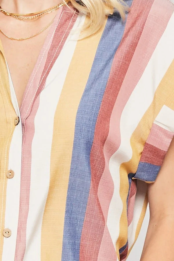 A Woven Shirt In Multicolor Striped With Collared Neckline in Navy/Mauve