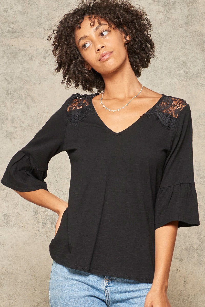 A Knit Top With Deep V Neckline And Yoke Design in Black