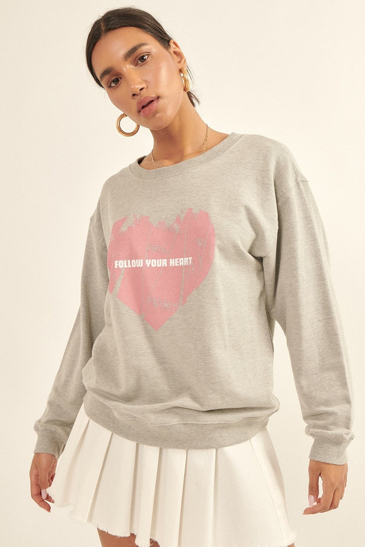 Vintage-style Heart Graphic Print French Terry Knit Sweatshirt Heather Grey