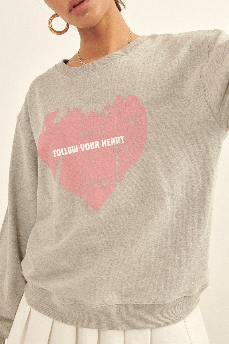 Vintage-style Heart Graphic Print French Terry Knit Sweatshirt Heather Grey