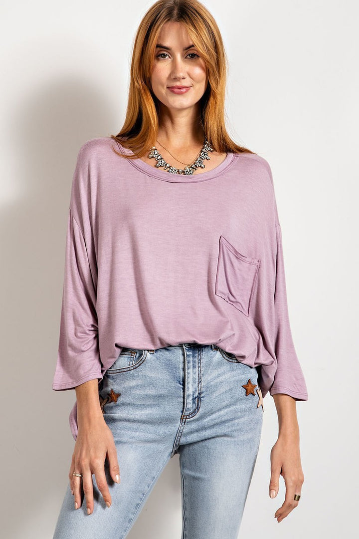 Rounded Neckline 3/4 Sleeves Washed Top in Dusty Lavender