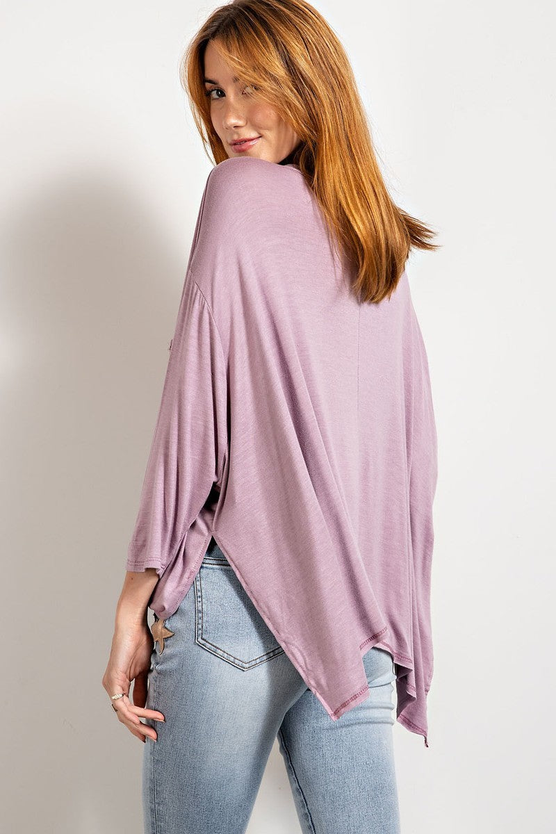Rounded Neckline 3/4 Sleeves Washed Top in Dusty Lavender