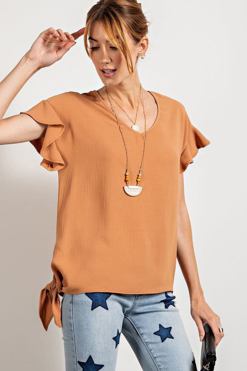 V Neckline Wing Sleeves Woven Top in Camel Brown