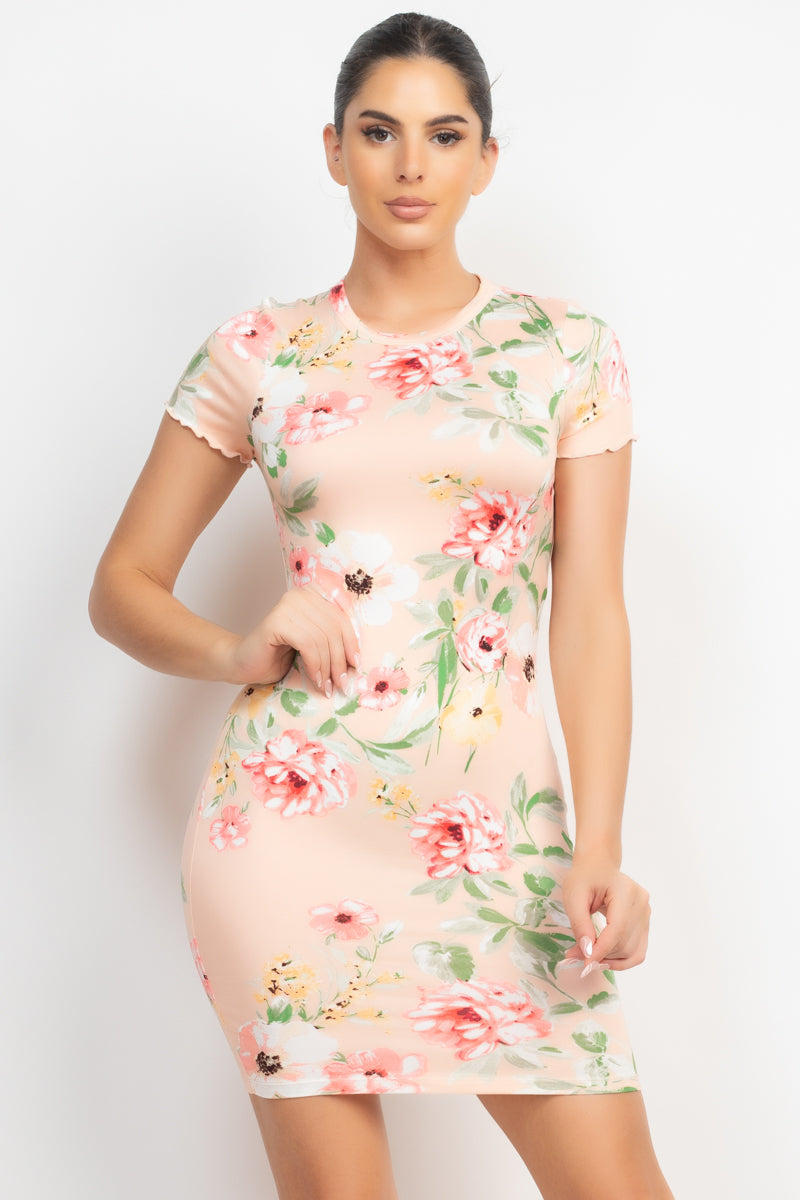 Short Sleeve Floral Bodycon Dress in Baby Coral