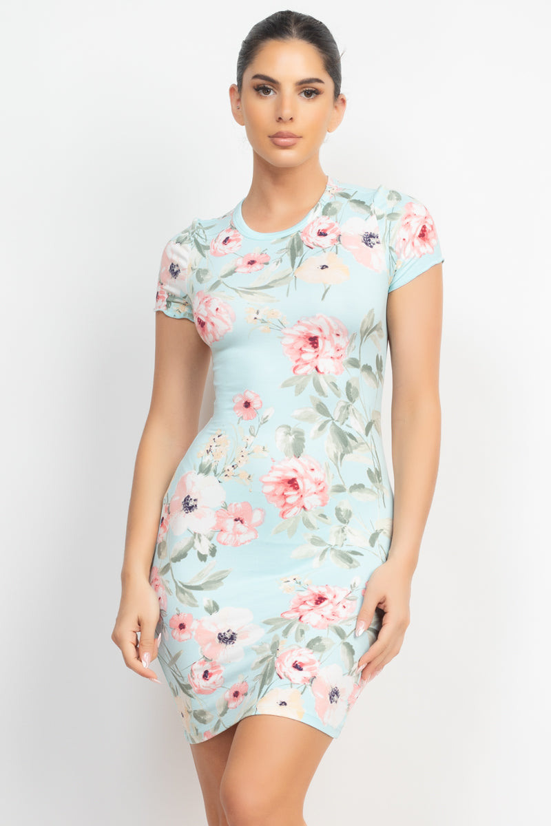 Short Sleeve Floral Bodycon Dress in Mint Blue