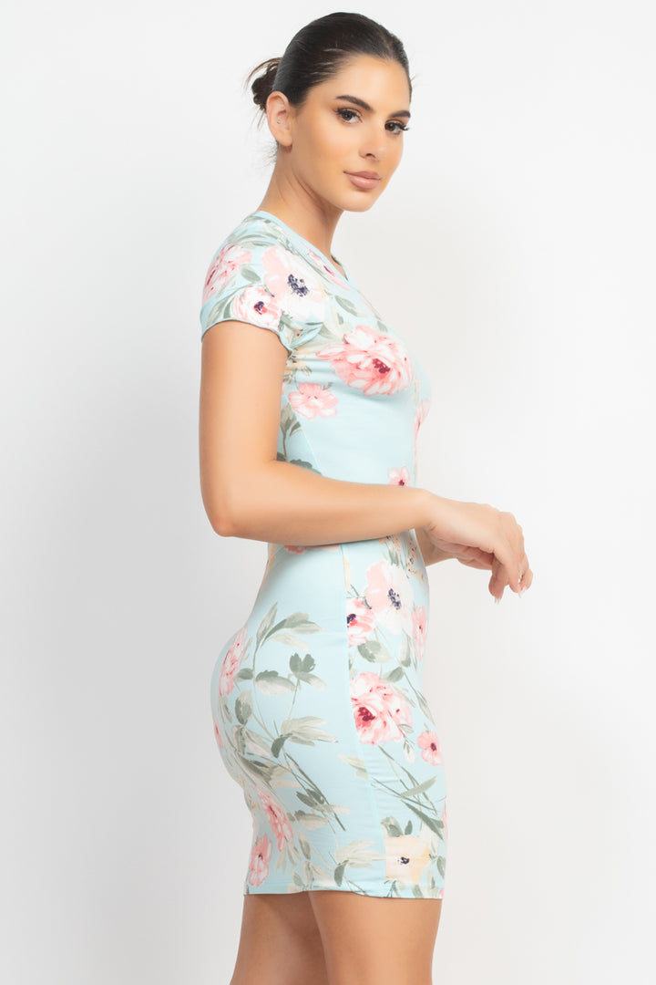 Short Sleeve Floral Bodycon Dress in Mint Blue