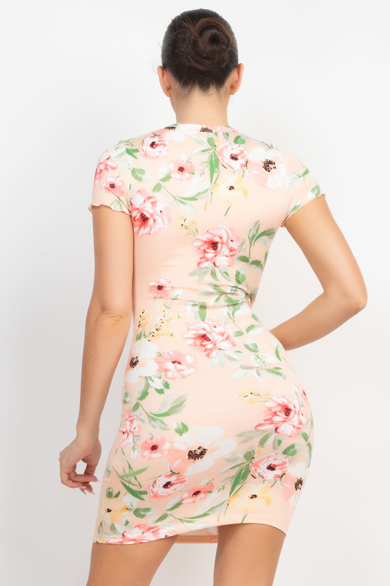 Short Sleeve Floral Bodycon Dress in Baby Coral