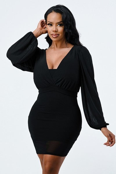 Lux Mesh Layered Lining V Neck Bubble Sleeve Bodycon Dress in Black