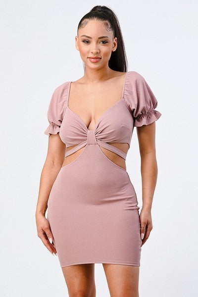 Lux Side Cutout with Back Tie Detail Bodycon Dress in Mauve