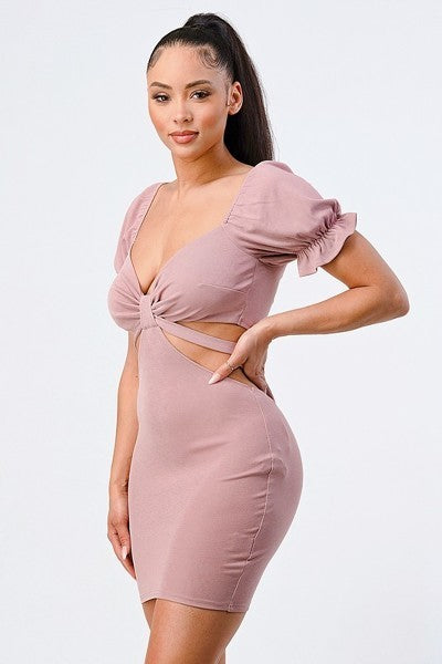 Lux Side Cutout with Back Tie Detail Bodycon Dress in Mauve
