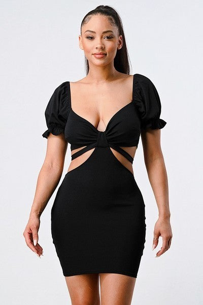 Lux Side Cutout with Back Tie Detail Bodycon Dress in Black