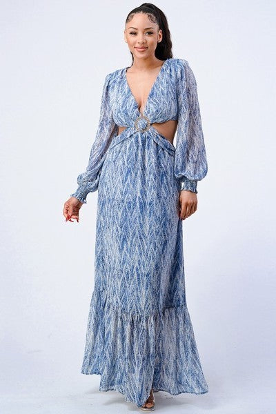 Printed V Neck Self Belted Side Cut Out Ruffled Maxi Dress in Blue