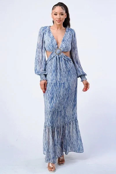 Printed V Neck Self Belted Side Cut Out Ruffled Maxi Dress in Blue