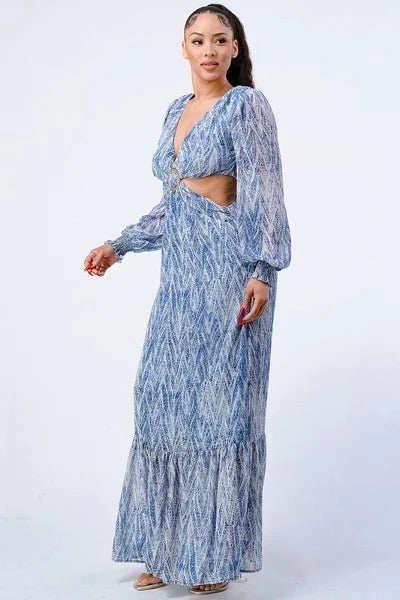 Printed V Neck Self Belted Side Cut Out Ruffled Maxi Dress in Blue