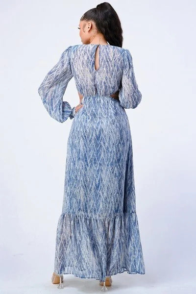 Printed V Neck Self Belted Side Cut Out Ruffled Maxi Dress in Blue