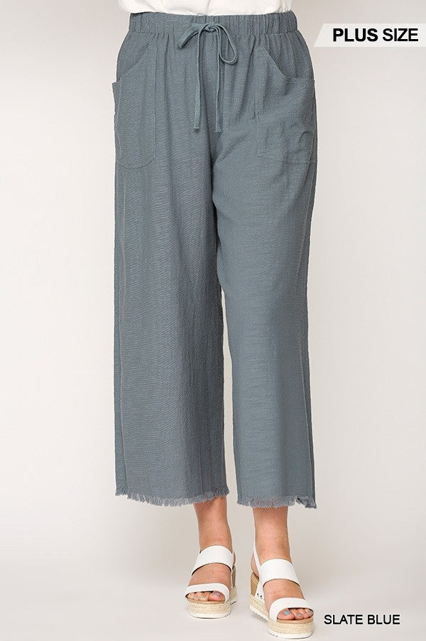 Frayed Wide Leg Pants With Pockets in Slate Blue